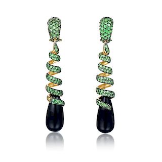 A Pair of Spiral Green Garnet and Black Onyx Drop Earrings
