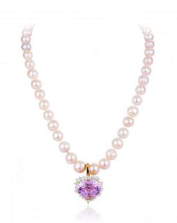 A Diamond, Pink Pearl, and Kunzite Necklace