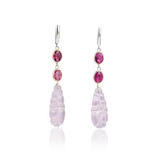 A Pair of Tourmaline and Pink Quartz Drop Earrings