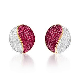 A Pair Ruby and Diamond Ying-Yang Earrings
