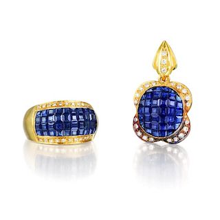 A Sapphire and Diamond Pendant and Ring Set