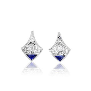 A Pair of Art Deco Diamond and Synthetic Sapphire Earrings