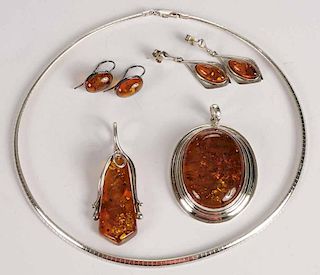 Group of Silver and Amber Jewelry