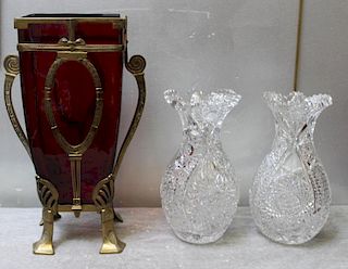 Glass Lot - A Brass Framed Art Nouveau Style Vase