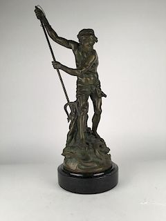 A. Gaudez bronze figure of a man with spear.