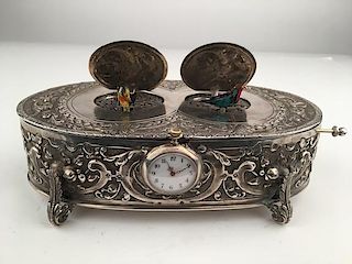925 Silver mechanical double singing bird box when the knob is pulled both lids