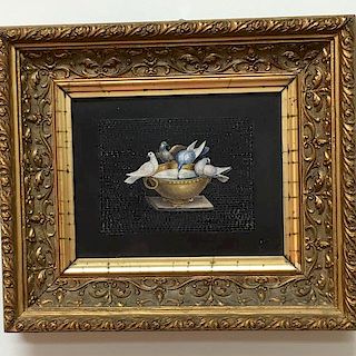 Micro mosaic plaque of "Doves of Plinni"  eating out of a bowl.