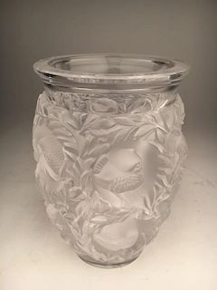 Lalaique " "Bagatelle" crystal vase with love birds in heavy relief.<BR>Signed "La