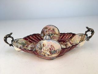 French enamel painted on silver compote with two attched lizard handles.<BR>Length