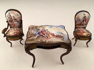 Austrian painted minature furniture, table (drawer missing) and two chairs.<BR>Hei
