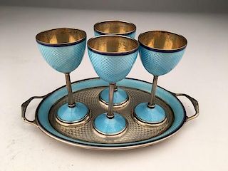 935 silver and enamel two attached handled tray with four matching stemed cups.