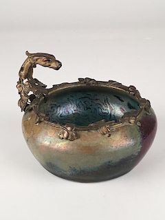 Clement Massier iridescent bowl with Dragon handle