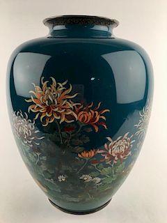 Japanese 1910 silver wire and cloisoine vase<BR>with flowers on a teal ground.<BR>Th