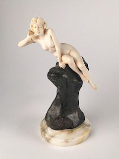 Affortunto Gory (Gori), French art deco sculpture of a nude woman on a rock.<BR>Ar