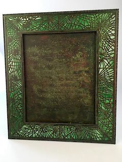 Tiffany Studios large photo frame in Pine needle with green slag glass
