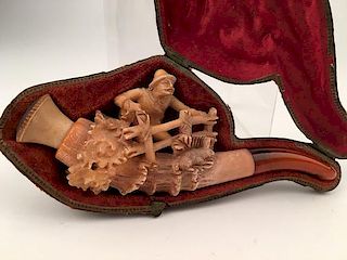 Antique carved European meerschaum pipe with fitted case.