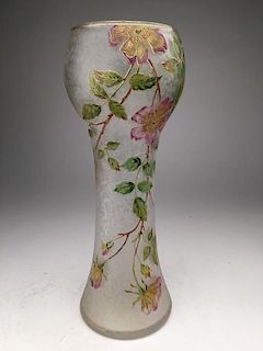 Daum Nancy French enamelled vase with flowers and leaves.