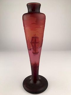Muller Fres Luneville cameo vase decorated with a sailing scene.<BR>Height 12 3/4