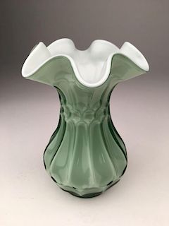 Vintage Fenton ruffled green outside and white inside glass vase.