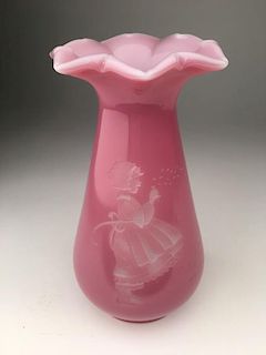 Vintage Fenton glass with intaglio figure of a young girl. on a pink rose ground