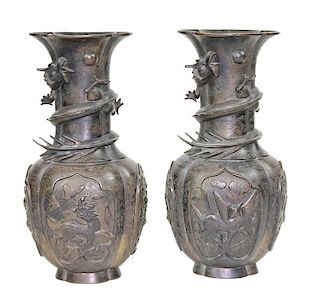 Pair Japanese Bronze Dragon Vases