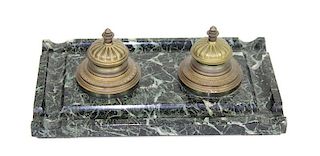 French Bronze & Marble Dual Inkwell