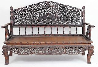 Chinese Carved Dragon & Bamboo Bench