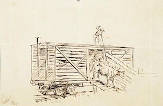 CHARLES M. RUSSELL (1864-1926), Punch Poling Cattle from a Railroad Stockcar; Unloading Cattle from a Railroad Stockcar