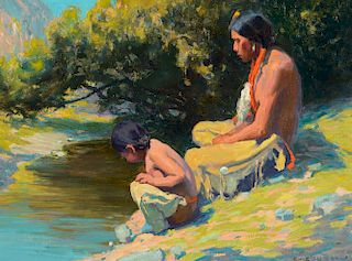 EANGER IRVING COUSE (1866-1936), The Bank of the River - Brave and Son