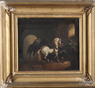 Pair of Continental oil on canvas stable scenes