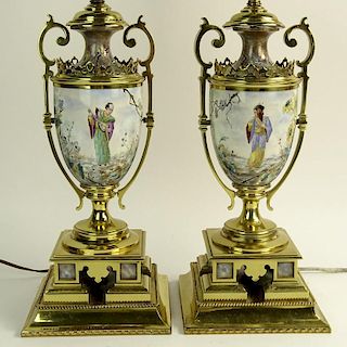 Pair of Early 20th C Japonism Brass Mounted Hand painted Faience Urns Now As lamps