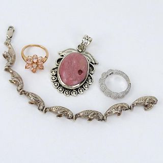 Four (4) Piece Sterling Silver Jewelry Lot Including a Manatee Bracelet, Ring, Vermeil Ring with Pink Stones and a Pendant wi