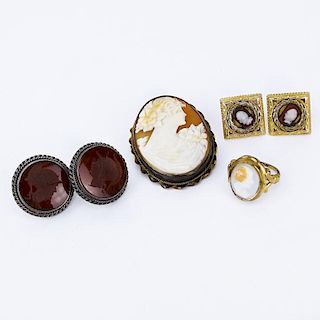 Vintage to Antique Jewelry Lot Including a 14K Yellow Gold and Cameo Ring, Pair of 14K Yellow Gold and Cameo Earrings, Pair o