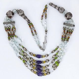 Vintage Possibly Indian Multi Gemstone Bead and Sterling Silver Five (5) Strand Necklace
