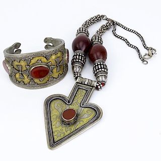 Vintage Afghanistan Silver Necklace and Cuff Bangle Bracelet with Inset Carnelian
