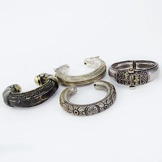 Collection of Four (4) Vintage Middle Eastern / Indian or African Silver Cuff Bangle Bracelets