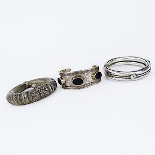 Collection of Three (3) Vintage Middle Eastern / Indian or African Silver Cuff Bangle Bracelets