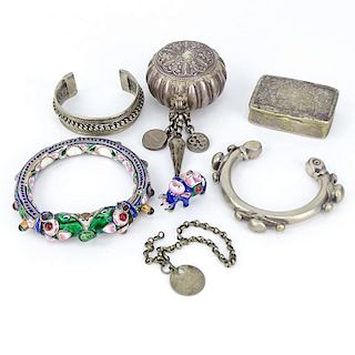 Seven (7) Piece Silver Lot Including: Enamel Bangle Bracelet with Elephant Heads and 'jewels'; Enamel Elephant Pendant; Two (