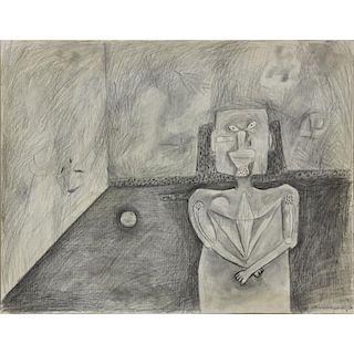 Attributed to: Rufino Tamayo, Mexican (1899 -1991) Charcoal on paper "Figure In A Room" Signed lower right