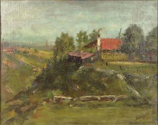 20th Century Continental School Oil on Board "Landscape with Barn" Possibly Russian
