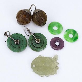 Collection of Vintage Chinese Jade Items Including Two (2) Pair of Carved Jade Earrings, One (1) Carved White Jade Pendant (l