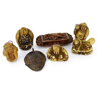 Collection of Four (4) Vintage Japanese Carved Bone Netsuke, a Carved Horn Netsuke, a Carved Horn Snuff Box and an African Ir