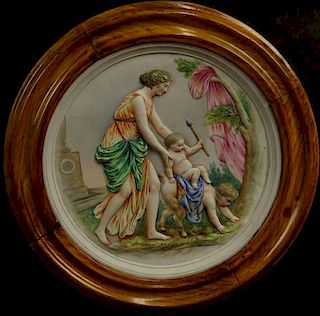 Vintage Hand Decorated Bisque Relief Plaque "Mythological Scene With Infant Satyr and Putto" Unsigned