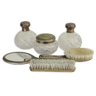 Antique Six (6) Piece Silver and Crystal Vanity Set