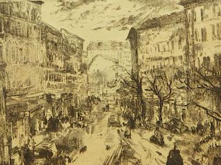 Eva Seday Hungarian (born1929- ) Etching "Village Square" Signed within Plate, Pencil Signed Lower Right and Titled Lower Lef