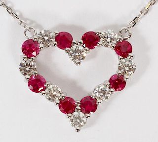 RUBY AND 0.90CT DIAMOND HEART FORM PENDANT NECKLACE