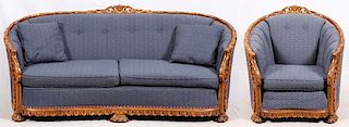 CARVED WALNUT & UPHOLSTERED SOFA & ARM CHAIR