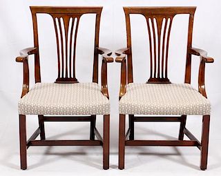 CHIPPENDALE STYLE UPHOLSTERED MAHOGANY ARM CHAIRS