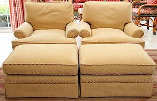 STUFFED UPHOLSTERY GOLD CHAIRS & OTTOMANS PAIR