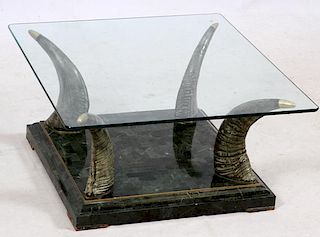 HORN LEGS ON MARBLE BASE GLASS TOP TABLE